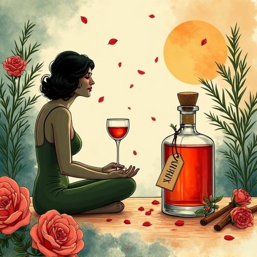 Minimalist stylized advertisement for a speakeasy. Modern Venus goddess meditating after a stressful week. Surrounded by jazz musicians. Offers a tasting glass filled with reddish herbal liqueur. Serenity and peace in the atmosphere. Apothecary-style spirit bottle in the foreground. Golden glow and elegant hang tag 'ALFRUNO'. Earthy tones with a whimsical dreamlike quality.