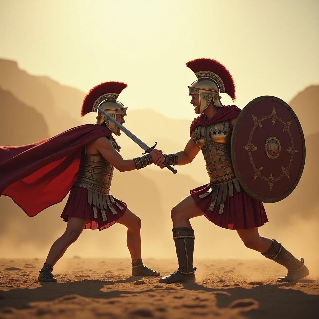 A young gladiator fights a Roman soldier. The setting is a vast, expansive land. Both figures are in combat poses with weapons drawn.