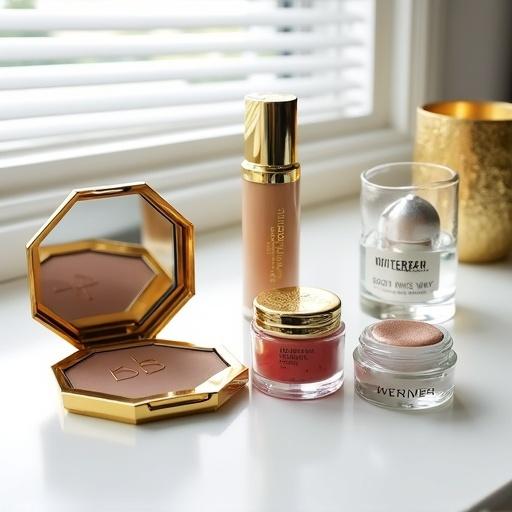 Photograph shows beauty products on a white surface with natural light. Background features window blinds. Gold and white colors dominate. Includes hexagonal palette with light brown shade and 'BB' embossing. Displays a glass bottle with red eyeliner, round jar of foundation, two highlighters, and a clear bottle. A gold-textured candle adds to the scene. Image captures reflective surfaces and soft shadows under morning light. Products arranged neatly, showcasing high quality and elegance.