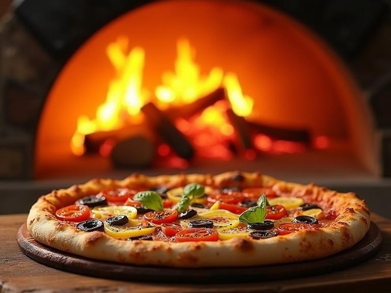Image depicts a close-up of a pizza featuring vibrant toppings in front of a brick oven. The pizza has a golden crust and is placed on a wooden board. The brick oven emits bright flames in the background, creating a warm ambiance.
