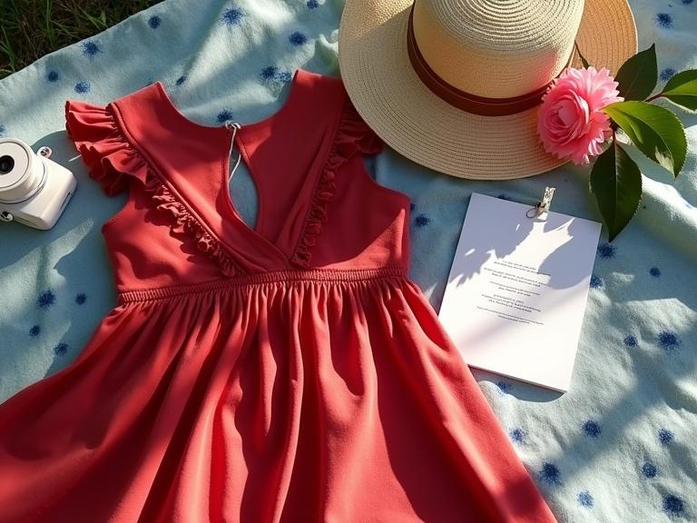 Photograph of a sunny outdoor scene with a top-down view. Features a red dress with ruffles, straw hat with a brown band, blue and white patterned fabric, white paper with black text, small white camera, pink flower with green leaves. The atmosphere feels relaxed and cozy with vintage and bohemian style. Natural light creates soft shadows, highlighting a rustic and charming setting.