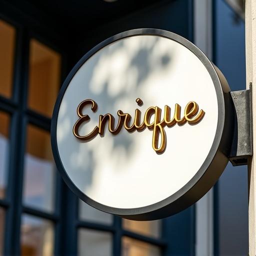 Cinematic close-up of a round bakery sign. The sign has a bright white face with the logo 'Enrique' in reflective gold. It is mounted on a modern matte black bracket. The facade features deep navy blue and crisp white tones. A large glass window showcases the interior of the bakery. The background is blurred, suggesting a city street. The scene is in harsh sunlight, creating deep shadows on the sign and facade. Dappled shadows from trees are cast across the sign. The color palette is controlled with navy, white, and black for an elegant feel. Professional high-detail photography.