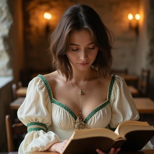 Young woman around 20 dressed in elegant medieval-inspired attire. Finely crafted soft ivory dress accented in pale green. Relaxed in a rustic medieval café with wooden tables. Serene expression while reading a book. Warm lantern light enhances the cozy atmosphere.