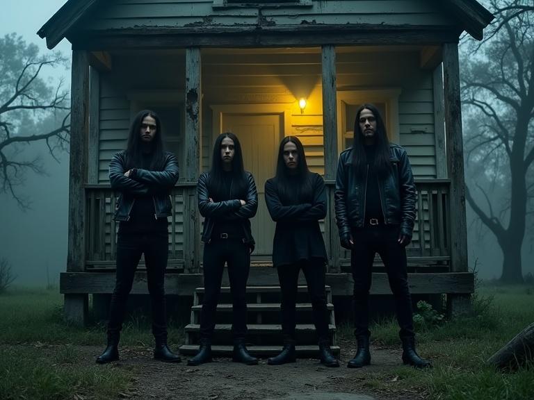 Four-member heavy metal band posing in front of a decaying haunted wooden house at night. Male musicians have long black hair. They wear leather jackets and black outfits. Different poses include leaning, sitting on steps, and standing under dim lighting. The house is abandoned and damaged. Ground fog rolls on the dirt path. Dead trees frame the scene. Dark overcast night sky creates an intense atmosphere. Scene is sharply focused and photo-realistic.
