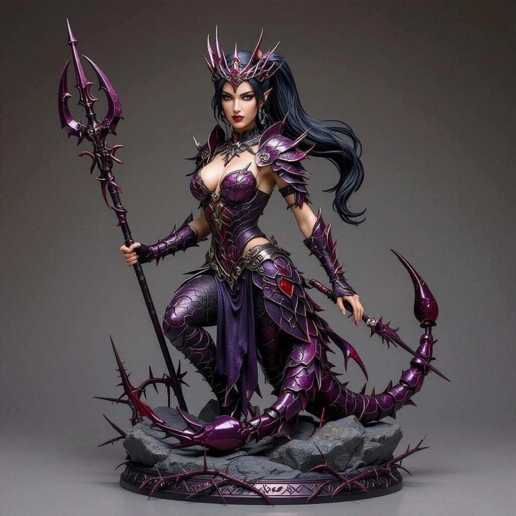 Resin statue featuring a half-scorpion goddess. Dark-haired woman with a piercing gaze. She wears scorpion-inspired armor in dark tones with purple and red highlights. A sharp crown adorns her head. Long ponytail decorated with spikes. Stylized metallic scorpion tail curves upward from her back. Stands on rocky base with astrological symbols. Holds stinger-shaped scepter. Pose conveys dominance with potential threat. Lethal and divine presence.