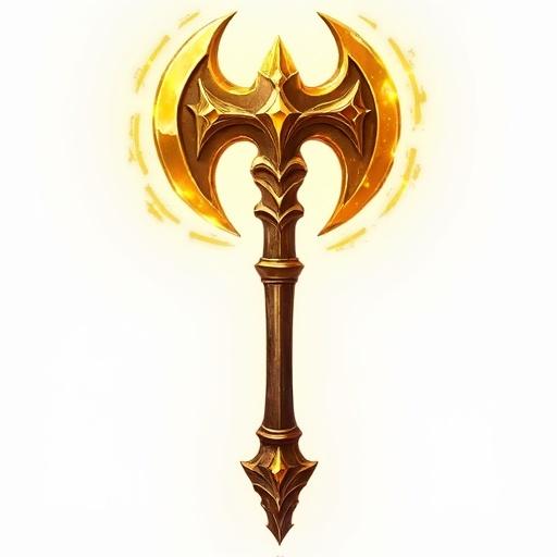 Icon of a magic golden short axe designed for a card game. Size is 48 x 48 pixels. Styled like World of Warcraft. Features a transparent background.