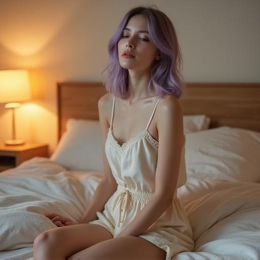 A young woman with shoulder-length lavender ombre hair styled straight. She is seated on a cozy bed, leaning back. Right hand on the bed, left hand on her lap. Wearing a cream-colored camisole and high-waisted shorts. The room is softly lit with warm light from a lamp. Warm neutral color palette of cream and beige. Image captures calm and cozy atmosphere.