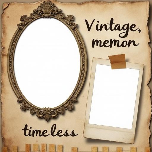 Retro-style photo collage template. Designed for personal portraits. Holds two photos with blank cutouts. Oval baroque-style frame at top-left. Tilted polaroid-style frame at bottom-right. Vintage paper-textured background. Worn edges and sepia tones. Three handwritten words: vintage, memory, timeless. Tape strips attaching frames. Subtle newspaper textures and film scratches. Typewriter fonts as aesthetic details.