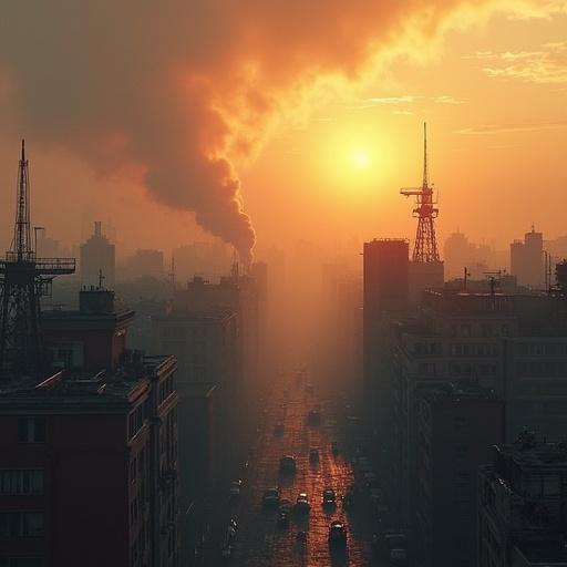 Depict decaying cities in the Netherlands, portraying ash-filled skies with sunlight breaking through, utilizing hyperrealistic graphics to highlight details and textures.