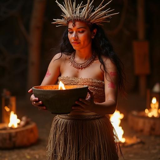 A female Maya ceremonial dancer. Woven skirt and bandeau top made of natural fabric. Holding a bowl with simulated fire. Wearing a headpiece from bark and fibers. Arms painted with red sacred marks. Background is a sacred altar space lit by ember light.