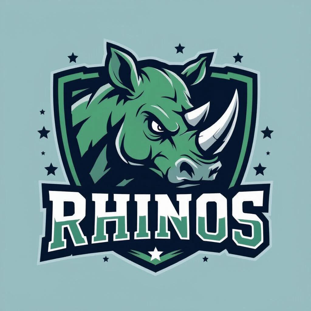 Logo design for a local football team named Rhinos. Graphic features strong stylized rhino head at three-quarter angle. Logo uses green, blue, and white colors. Word Rhinos displayed in large blocky letters. Rhinos horn points slightly forward and up. Stars and shield shapes integrate without overcrowding.