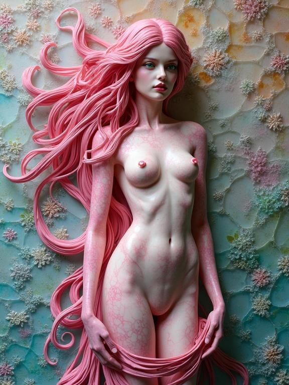 A beautiful pink nude woman with green eyes. Sculpture made from veined marble stone. Surrounded by iridescent ceramic and glass mosaic. Abstract design elements.