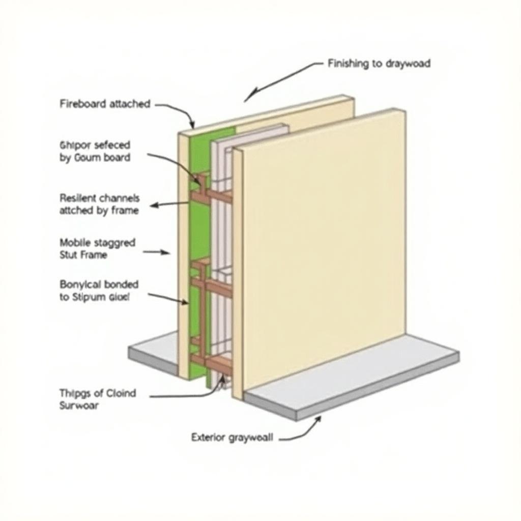 Simplified 2D cross-section drawing of a soundproof wall. Shows layers including fibreboard, gypsum board, green glue, resilient channels, staggered stud frame, mobile staggered stud, and finishing drywall. Each material is labeled in distinct colors.