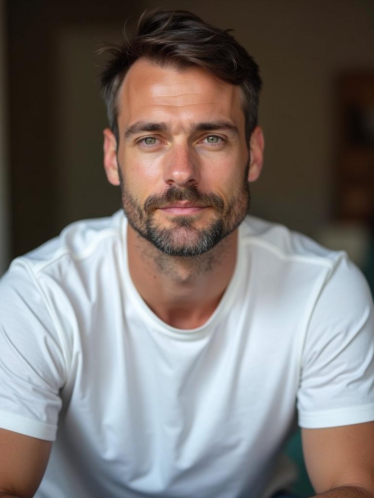 Middle-aged man with short dark hair and a beard. Wearing white t-shirt. Sitting in front of camera. Looking thoughtful straight into frame. Positioned in the middle.