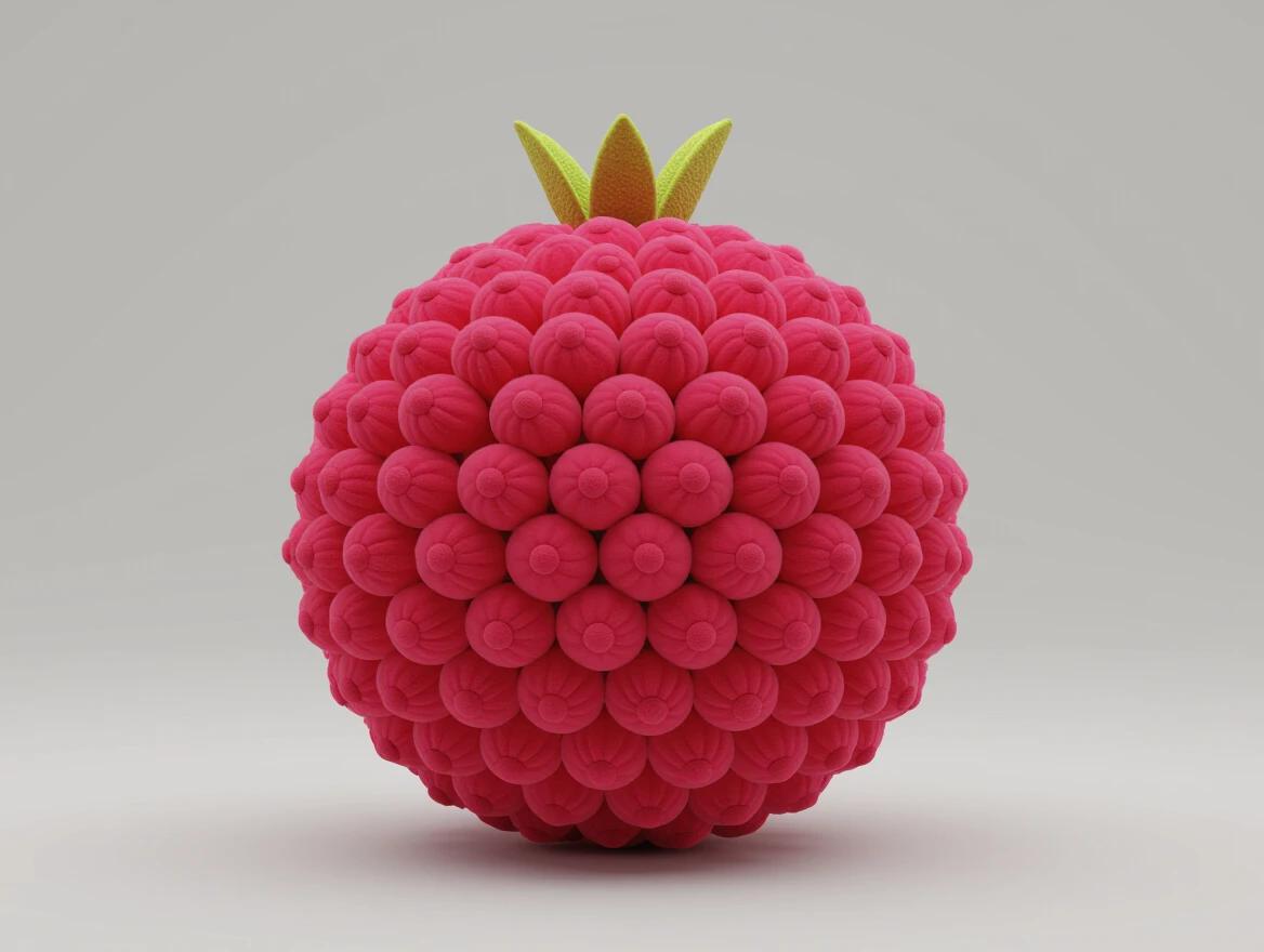 Detailed CGI model of a pomegranate made entirely of small pom-poms. The camera pans around the colorful fruit creating a dynamic visual effect. Ideal for showcasing unique fruit designs.