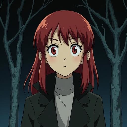 Anime character with red hair in a dark forest. Character has a surprised expression, wearing a coat. Background consists of bare trees with limited light.