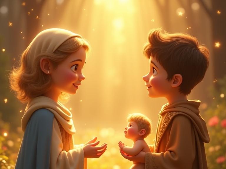 A Disney Pixar-style 3D scene with a warm and magical atmosphere. A young boy with honey-colored eyes and curly hair stands in a golden light clearing. Beside him is the Virgin Mary in a bright blue mantle with outstretched hands. Saint Joseph stands close, holding Baby Jesus. Floating light particles create a peaceful ambiance.
