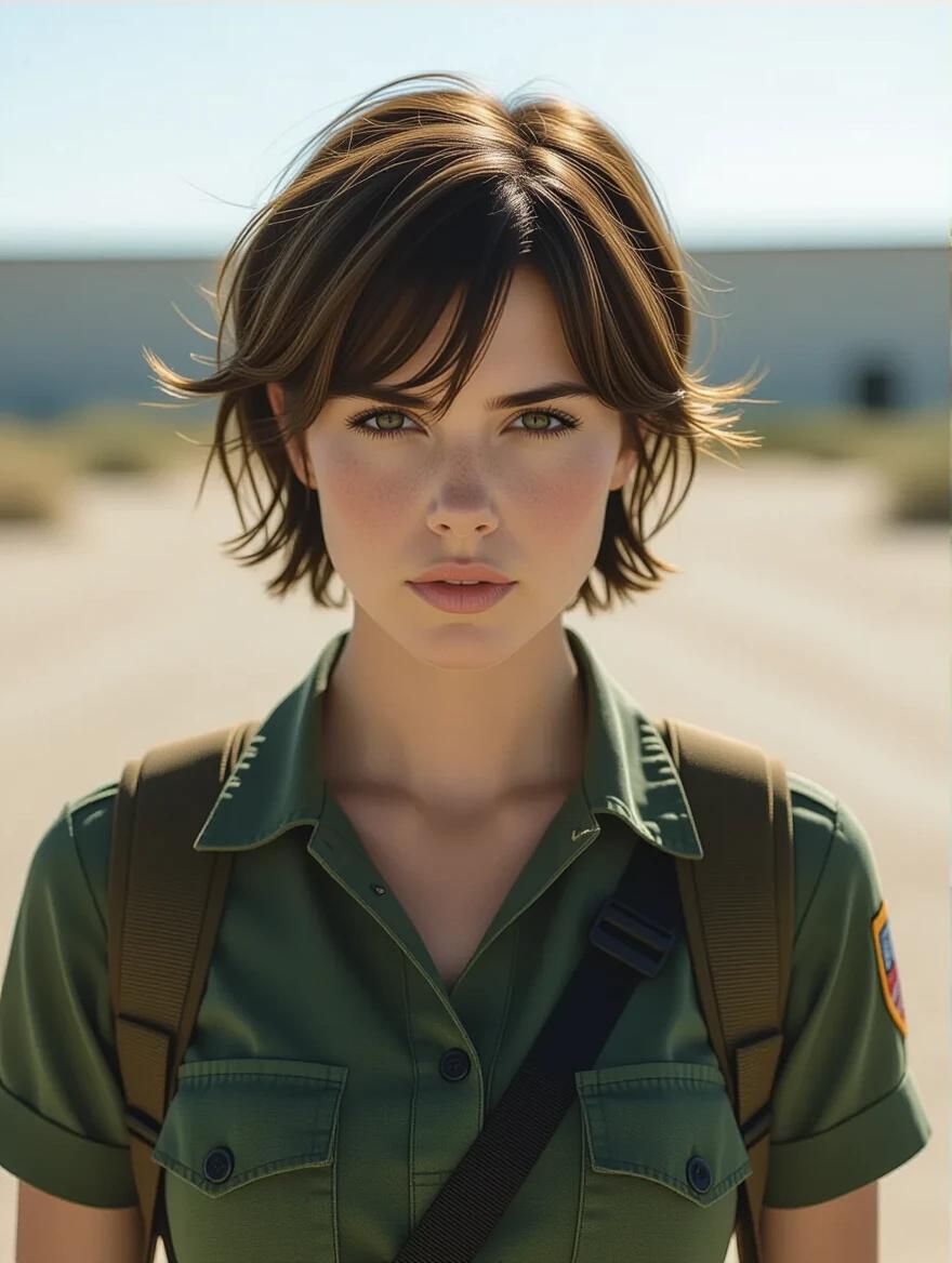 Visual representation of a character inspired by adventure films. The scene depicts a young adult with a short hairstyle, wearing a green military shirt and carrying a backpack. Background features an arid landscape under a clear sky.
