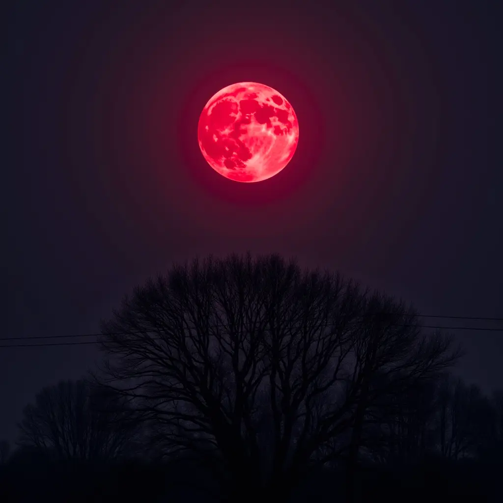 A vibrant red moon illuminates the night sky above silhouetted tree branches.