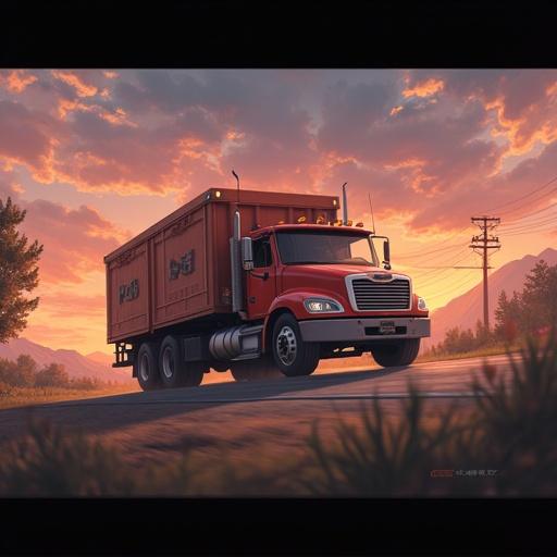 Truck moving on a road with a beautiful sunset background. The truck is red with silver accents. Lush green trees line the road. The scene conveys a sense of adventure and progress.