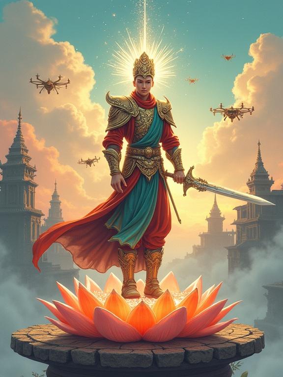 A Tamang-heritage warrior-saint stands on a floating lotus-chakra dais with an energy khanda sword. The sword crackles with gold and teal sparks. The warrior's armor features Himalayan motif engravings. Prayer-wheel drones drift around ruined temple spires against a pastel dawn sky.