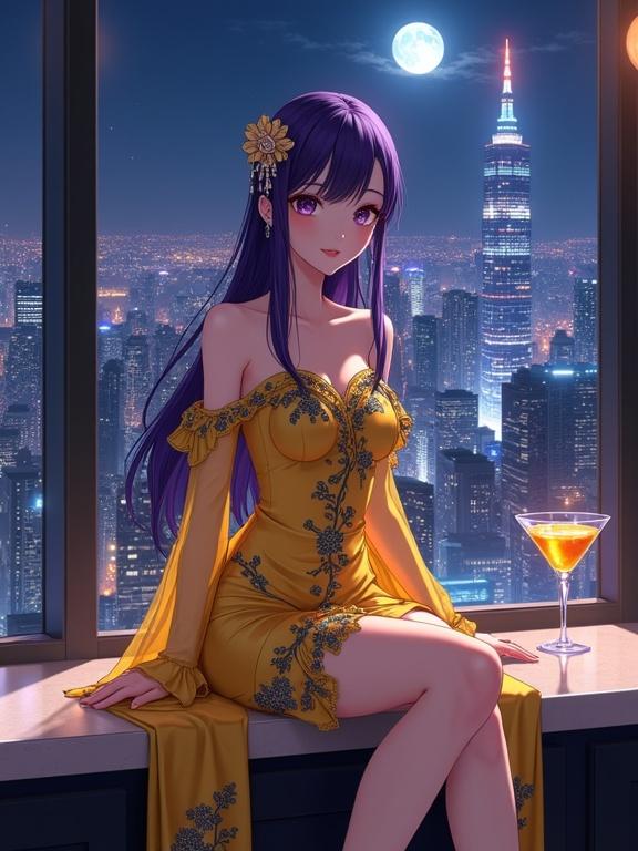 A sexy woman in a shiny yellow gown sits gracefully in front of a large window. She has long violet hair and sharp violet eyes. The gown features black floral embroidery and sheer sleeves. A gold cocktail is nearby. The city skyline glows at night. A full moon peeks through tall buildings. The ambiance is romantic with a magical feel.