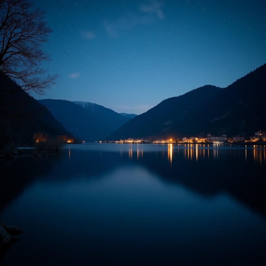 Lakeside view at night with clear sky. Mountains framing the scene. Distant village lights reflecting on calm water. Stars twinkling above.