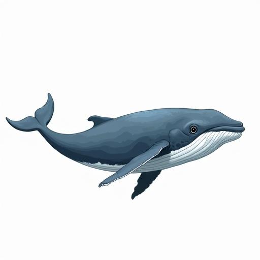 Realistic drawing of a whale. Full body view. Side perspective showcasing natural features and coloration.