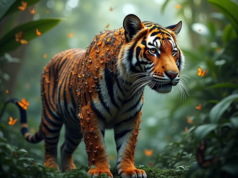 Ultra-realistic photograph of a majestic tiger made of colorful butterflies in a tropical jungle. The tiger's body mimics its fur with intricate patterns of butterfly wings. Natural sunlight highlights the butterflies and jungle foliage. Sharp focus on the tiger, blurred background for depth of field.