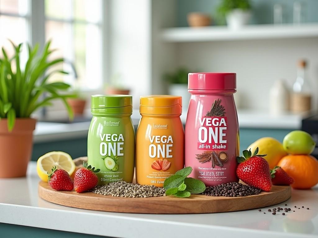 The image features three types of Vega One protein shakes arranged on a wooden cutting board. Each shake has a distinct color: green, yellow, and pink. The background shows a stylish kitchen with bright natural light. Fresh strawberries, lemon slices, and mint leaves surround the containers, enhancing the fresh and healthy vibe. This setup suggests a focus on nutrition and a plant-based lifestyle. It invites viewers to embrace healthy eating and fitness.