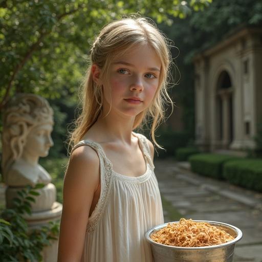 14 year old girl in an ancient Roman garden with statues of Aphrodite and Pan. She has blonde hair and blue eyes. She wears a tiny linen dress. The setting is serene and natural.