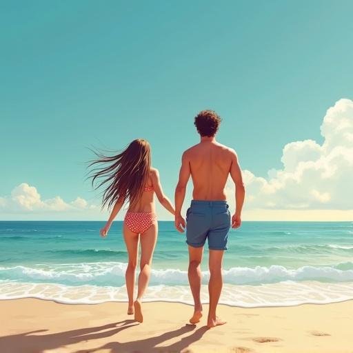 A girl in a red polka dot bikini and a guy in blue swim shorts walk on the beach. They hold hands while looking towards the ocean. The beach is sandy with gentle waves. The sky is blue with soft clouds.