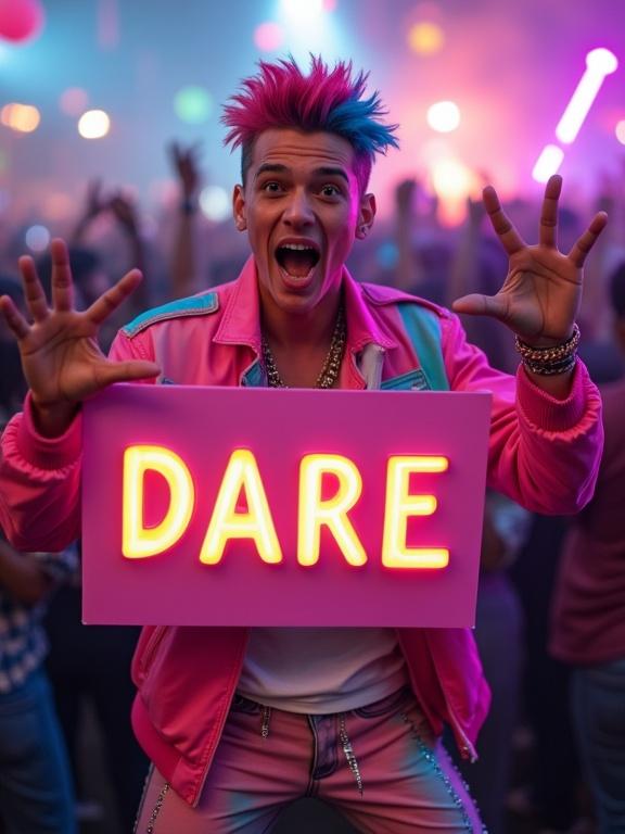 Vibrant energetic young man with excited expression striking dynamic pose. Stylish modern hair with streaks of bright colors. Wearing fashionable colorful clothing with bright pink jacket. Holding rectangular sign reading 'DARE' in bold letters. Slightly blurred lively party scene with colorful lights in background.