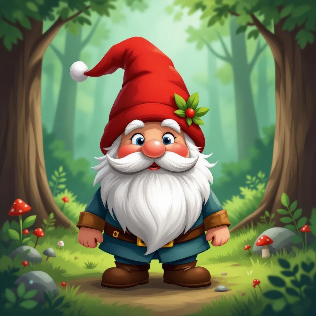 A cute gnome stands in a lush green forest. The gnome has a large red hat and a fluffy white beard. The background features tall trees with soft light filtering through, creating a magical atmosphere. Small mushrooms are scattered around the forest floor.