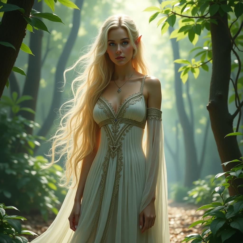 A female high elf with blonde hair wearing a flowing dress stands in a mystical forest. Ethereal lighting shines through the trees, enhancing the magical atmosphere.