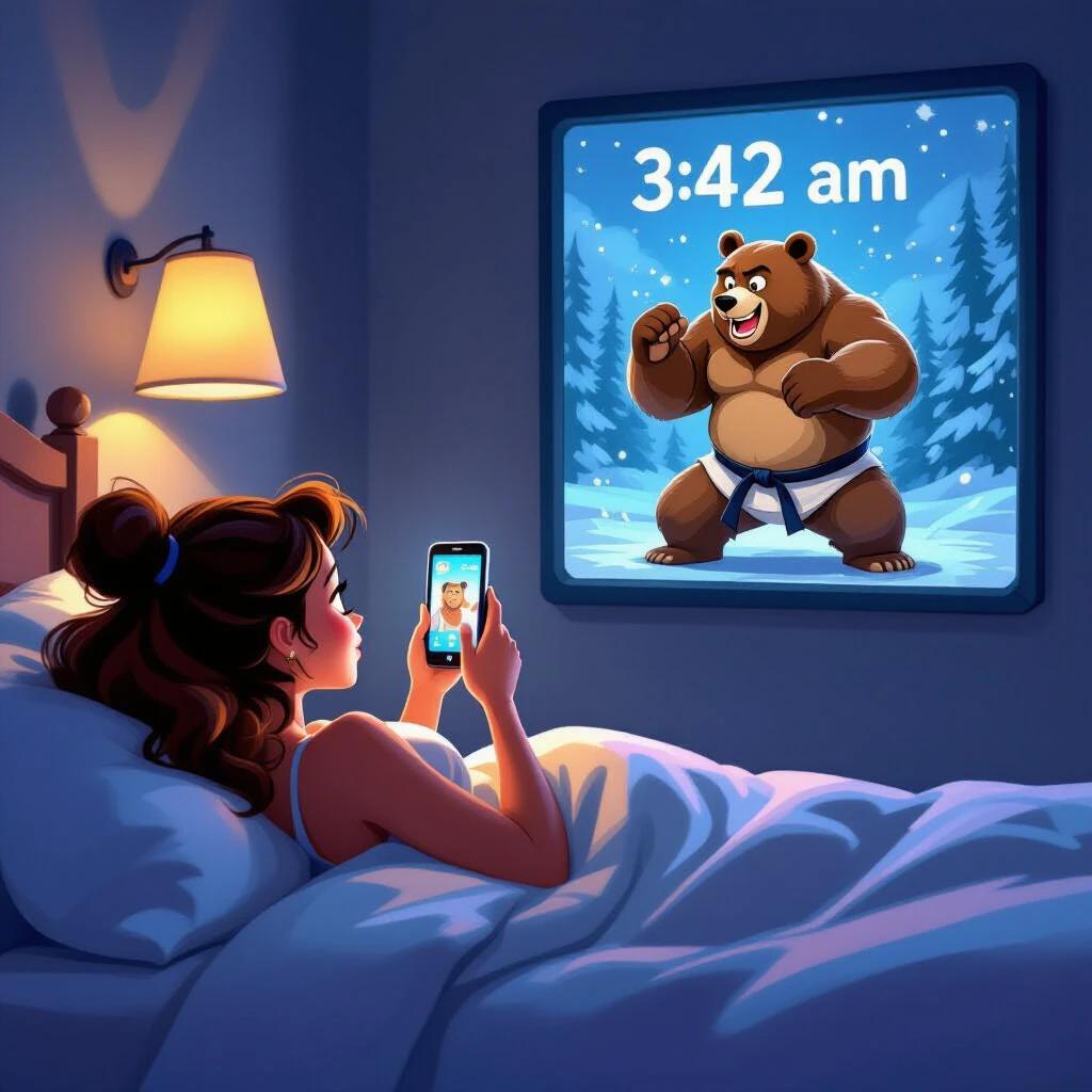 A woman lies in bed looking at her phone. The phone shows a humorous scene of a man fighting a bear in Karate. The clock on the bedside displays 3:42 am. The atmosphere is cozy and playful.