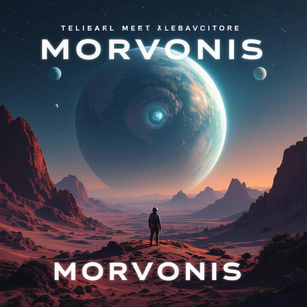 an album cover featuring an alien planet named Morvonis, includes a lone figure on a rocky landscape staring at a large planet in the sky