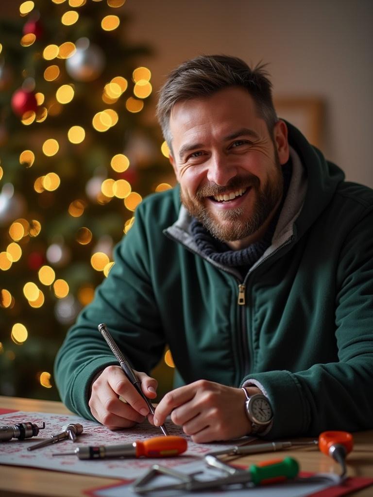 Man in green hoodie draws with tools around him on repair mat. Christmas tree decorates background with lights and ornaments. Scene is warm and welcoming, suitable for mobile repair services