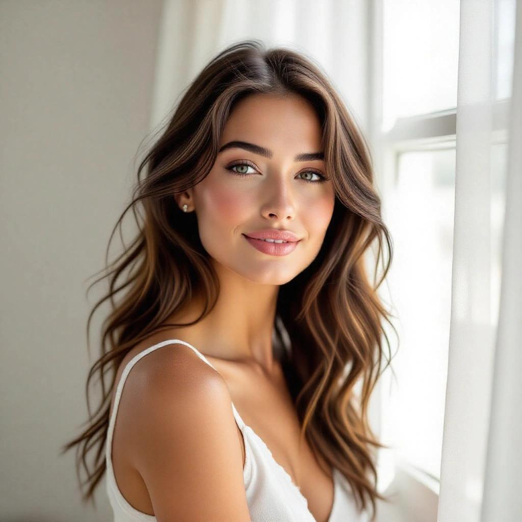 Photography showcasing a woman with radiant natural beauty. The setting is a sunlit room with soft light filtering through the curtains. The woman's hair falls in soft waves, and she has a warm smile. Her makeup enhances her natural features, emphasizing her eyes and complexion.