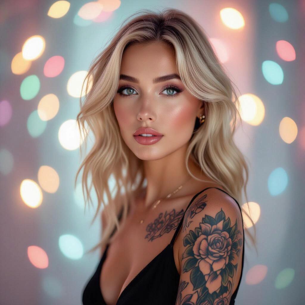 Album cover features a blonde model with tattoos Soft colorful lighting creates a dreamy atmosphere Bokeh effects enhance artistic appeal Model showcases glamorous styling