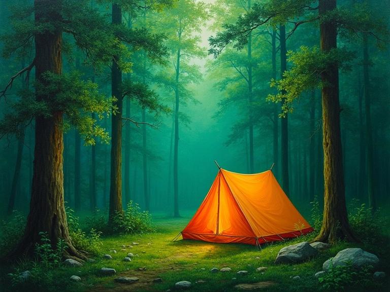 Oil painting of a camping scene with a bright orange tent in a neon green lush forest
