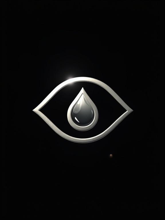 Simple circular logo symbol. Focused eye with a water drop. Fantasy style. High quality and clean lines. Black backdrop with no text and bold lines.
