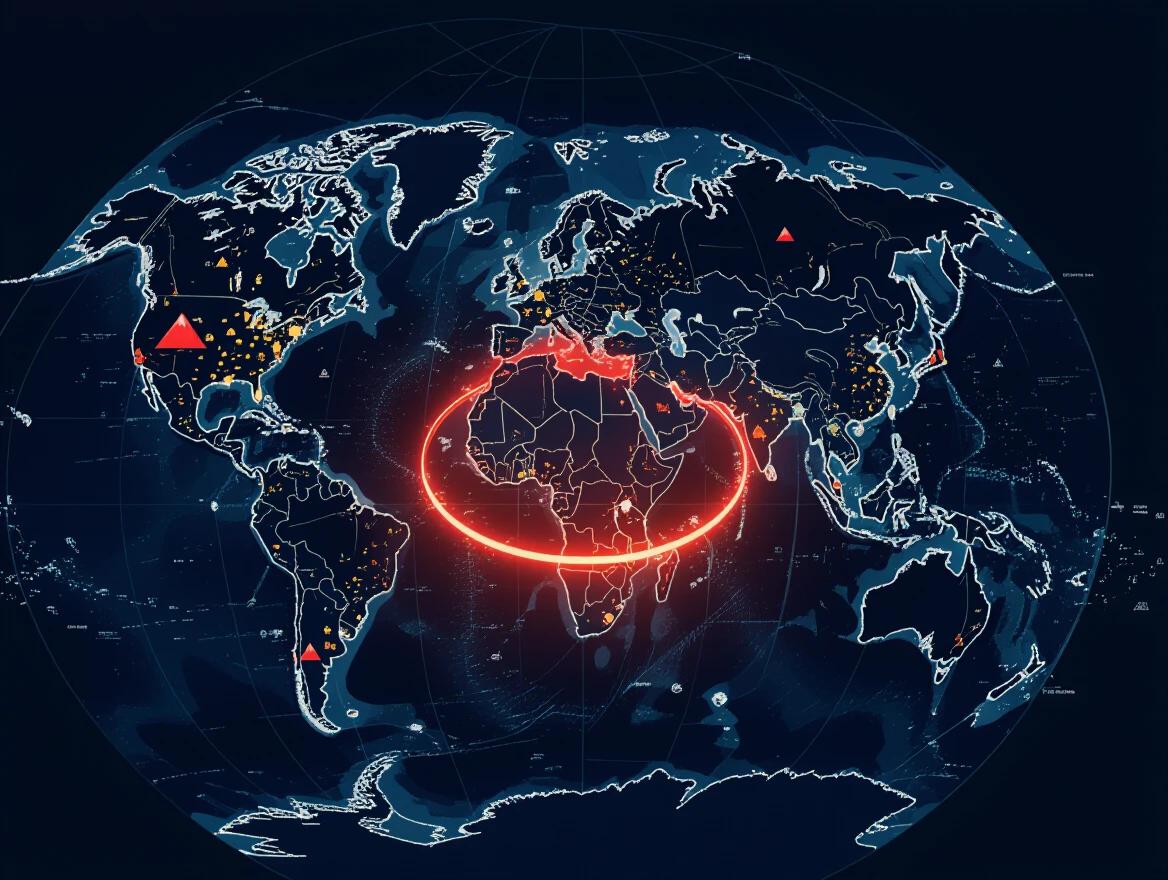 A world map is centered on the Pacific Ocean.  The glowing red 'Ring of Fire' arc stretches from Chile to Alaska to Japan. Small red volcano icons and yellow earthquake symbols are placed at hotspots. The ocean is dark and grids are subtly present. The image is in infographic style and high resolution.