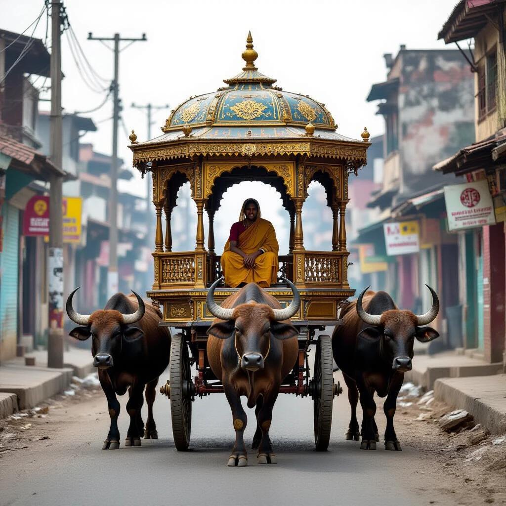 View of a four-tiered palanquin in a Rococo style. The palanquin is made of rusty metals and dilapidated wood with tattered cloth. It is pulled by four eerie buffalo on a dirty street in India surrounded by shanties and smoke with black water puddles.