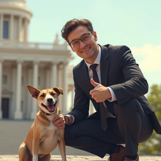 A man in a suit kneels next to a happy dog with a grand building in the background. The man gives a thumbs-up gesture.