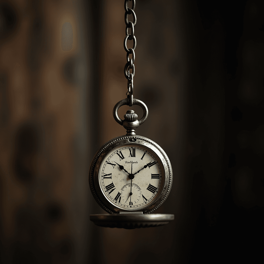 An antique pocket watch with Roman numerals hangs from a chain against a blurred background.