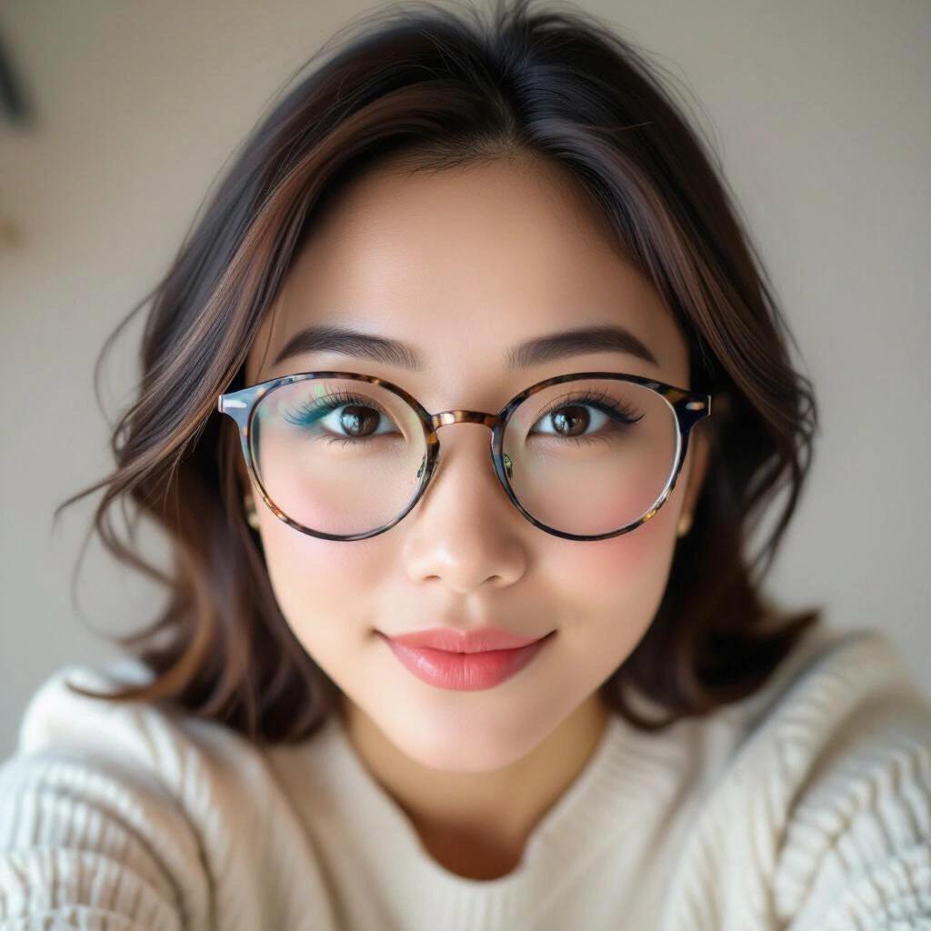 Asian woman wearing glasses with rosy cheeks taking a selfie from an elevated angle. Soft lighting creates a warm atmosphere. She has long hair, smiling softly at the camera.