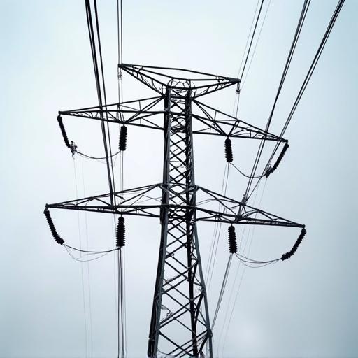 Power transmission tower silhouetted against a pale sky. High voltage cables connected to the structure. Minimalistic composition with emphasis on the tower.