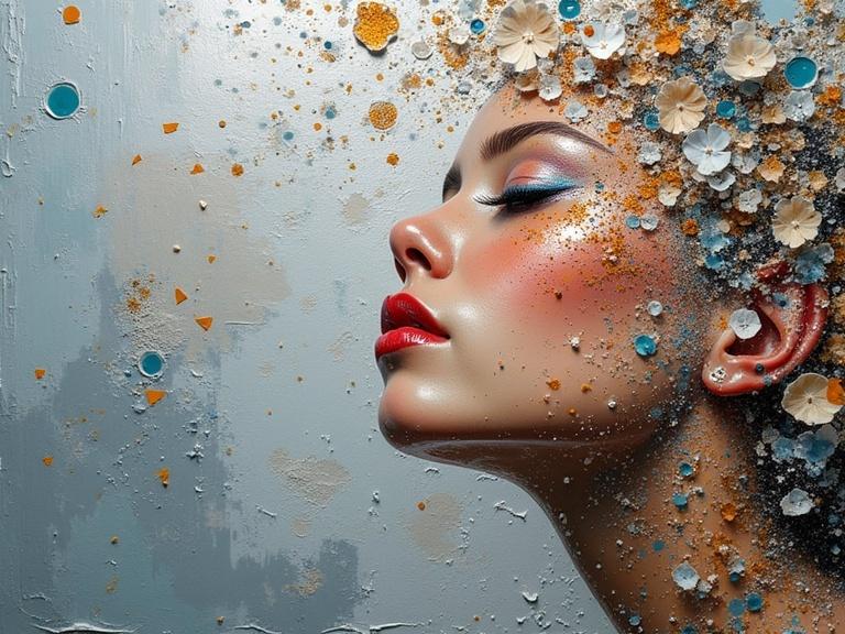 Artistic portrait of a woman with textured background. Features strong colors and various materials. Mixed media used for depth. Close-up view highlights facial features and artistic elements.