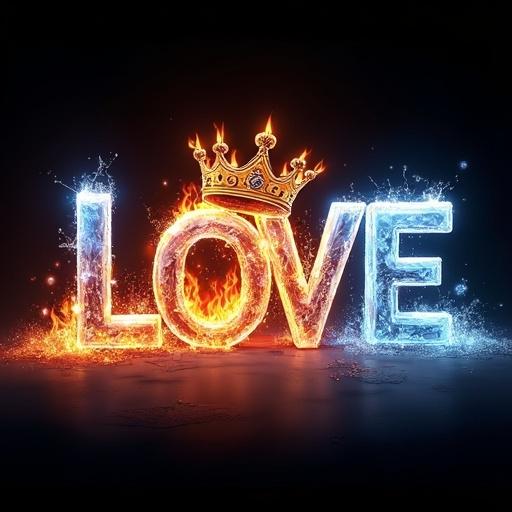 Digital illustration depicting the name Love in fire and ice. Crystalline letters contrasting with flames. Golden and silver crown on top. Deep black background enhances the visuals.